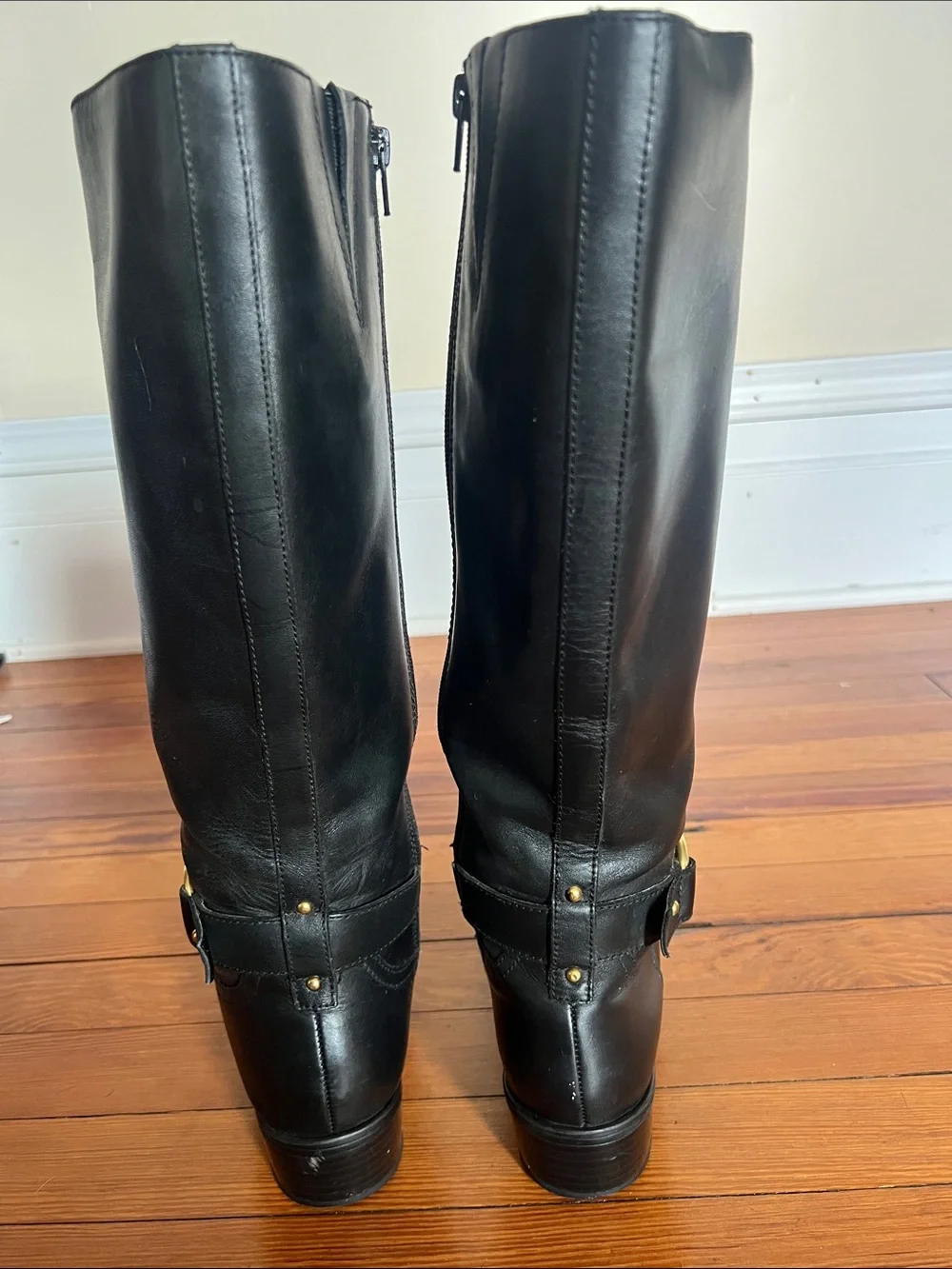 Lauren Ralph Lauren Norah Black Leather Tall Riding Boots Size 8B Gold Buckle